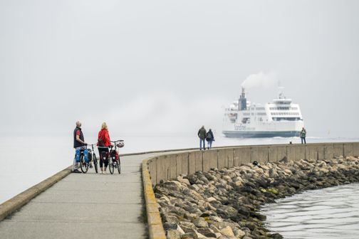 Radfahrer blicken auf die Ostsee am Hafen in Puttgarden auf Fehmarn