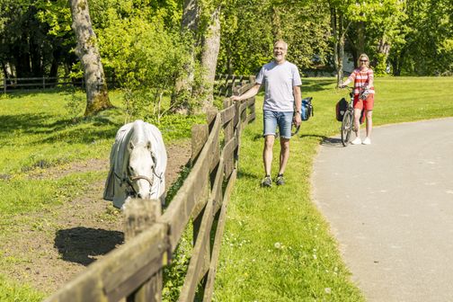 Radreisende gehen entlang einer Koppel am Schloss Breitenburg