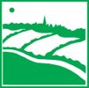 Grünes Symbol zeigt eine stilisierte Landschaft mit Hügeln, einem Fluss und einer Kirche im Hintergrund. Oben links ist ein kleiner Kreis, der die Sonne darstellt.