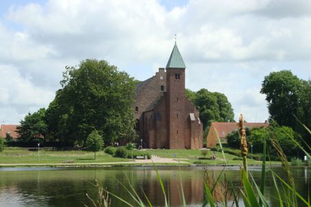 Der Maribo Dom steht malerisch am Ufer eines Sees, umgeben von üppigem Grün und einem klaren Himmel.