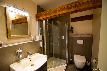 Modernes Badezimmer mit Dusche, Waschbecken, Spiegel und Toilette; rustikale Holzbalken und warme Beleuchtung.